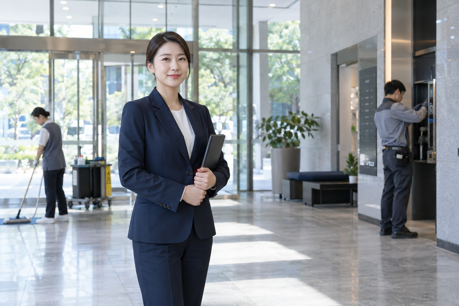 관리담당자가 고객의 요청을 접수하고 미화·시설 현장업무와 연결하는 상담 분위기의 이미지